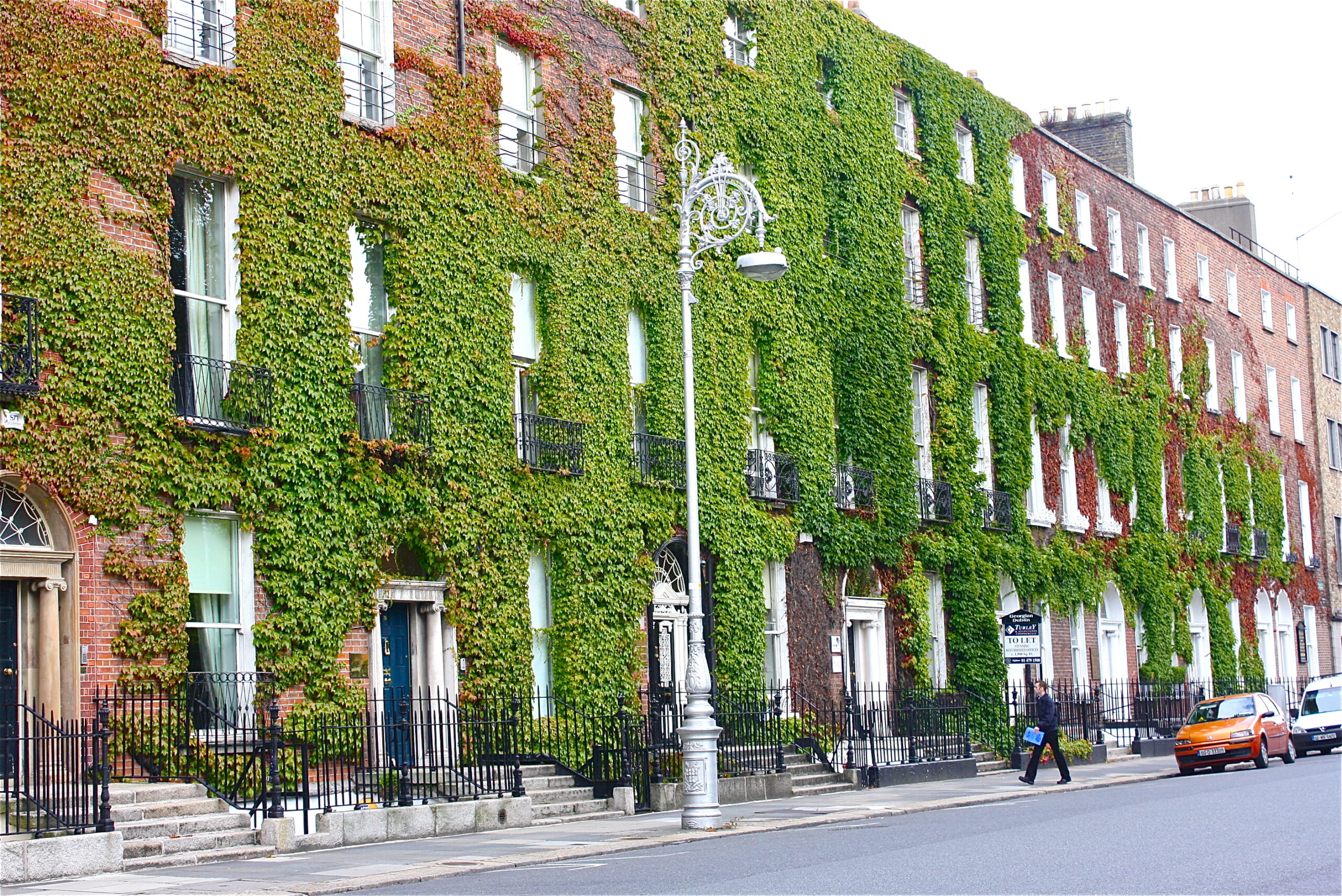 Green ivy-covered Georgian townhouses along Merrion Square in Dublin's Georgian district.